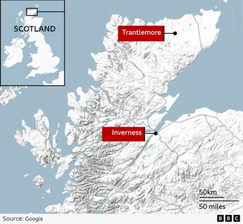 A map of the Highlands showing the locations of Inverness and Trantlemore.