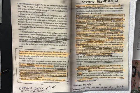 Text from two pages of Mr Loverman with parts highlighted in orange marker and with notes and lines written on the paper