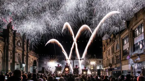 White firework display in Accrington's main square