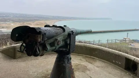 George Carden/BBC A large green anti-aircraft gun which is encased in a concrete structure above and below. The gun is about 6 metres long and made of steel. It looks over the bay of Seaford and Newhaven Harbour.