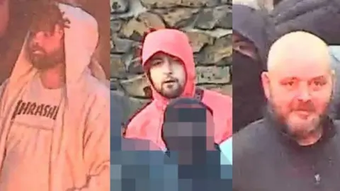 The picture shows 3 seperate images of men. The one on the far left is wearing a white t-shirt with a white hoody, He has curly brown hair and a dark beard. The man in the middle is wearing a red and white jacket with his hood up over his head. He has a goatee style beard. The man on the right is bald and has a full, wispy beard. He is wearing a dark top.   