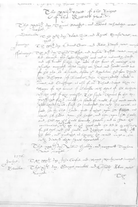 Supplied Transcript of a wedding certificate of Thomas Tilsye and Ursula Russel, who married at St Martin's Church on 6 February 1576.