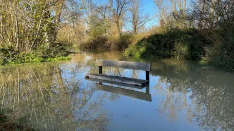 A bench stands in flood water which has gushed through a woodland. Trees and hedges can be seen around the edges of the flood waters. The sky is clear and blue.