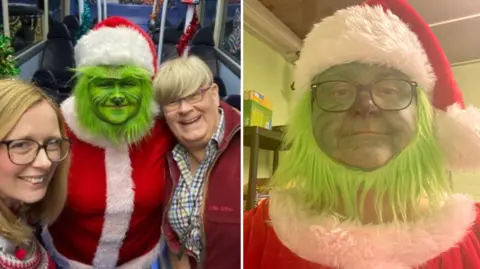 Handout A composite of two images, one showing a bus driver dressed with green make-up like the Grinch and standing in the middle of two people. Another image is a close up of the bus driver wearing a Grinch outfit and black rimmed glasses.