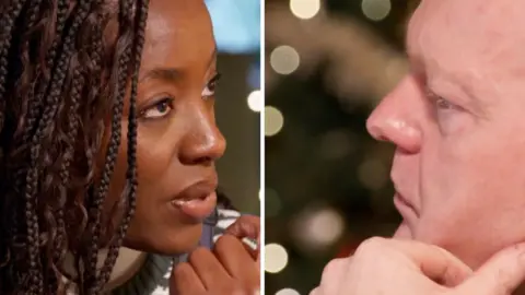 Split image of a woman and a man both looking towards each other with serious expressions