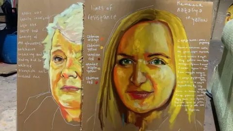 Russell Haines Two painted portraits of women on cardboard cut outs. There is writing in Ukrainian.