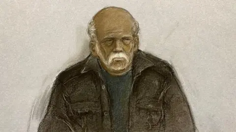 PA Media Court sketch of Ryland Headley who has white, receeding hair and facial hair and is wearing a brown jacket