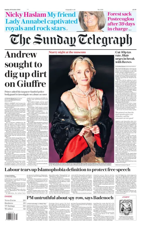 "Andrew sought to dig up dirt on Giuffre" reads the headline on the front page of The Sunday Telegraph.