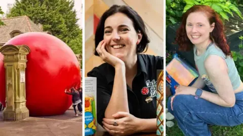 A composite of three images: a giant red inflatable ball being pushed through a park gate, a woman wearing a black T shirt smiling and the camera and a woman crouching on the ground in a garden