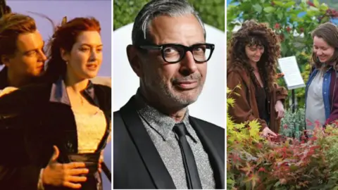 This is a three-panel composite image made up of different scenes. Left panel: A still from a dramatic scene showing Leonardi DiCaprio and Kate Winslet standing closely together outdoors, with wind blowing and open sky behind them, a moment from the Titanic film
Centre panel: A studio-style portrait of a Jeff Goldblum wearing dark-framed glasses, a black suit, and a textured shirt, set against a plain light background.
Right panel: An outdoor scene in a garden or park, showing two women standing beside leafy plants, with a small sign on a post visible among the greenery.