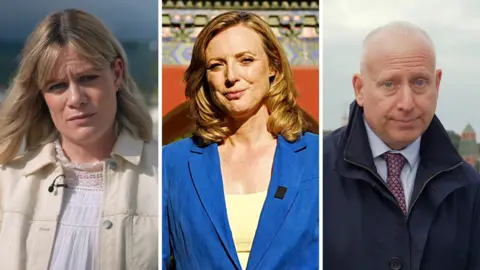 Split screen of BBC correspondents Jean Mackenzie on the left, Laura Bicker in the middle, and Steve Rosenberg on the right