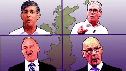 BBC/Getty/PA Pixellated images of, clockwise from top left, Conservative leader Rishi Sunak, Labour leader Keir Starmer, SNP leader John Swinney and Liberal Democrat Leader Sir Ed Davey. The frame is split into four, and in the background a pixelated image of the United Kingdom can be seen against a purple background.