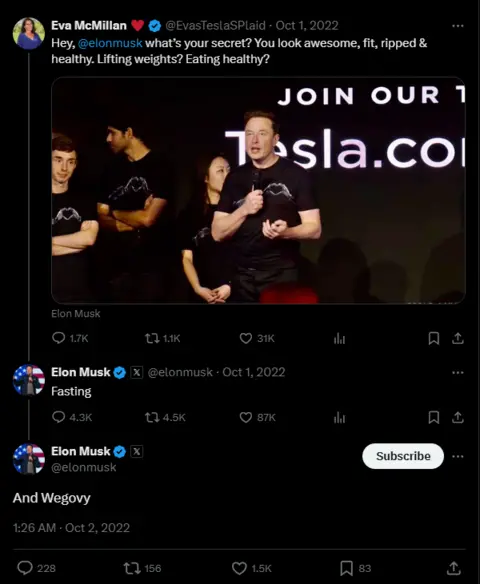 Elon Musk/Eva McMillan/X Elon Musk says his weight loss is due to Wegovy/Ozempic on X - Oct 2022