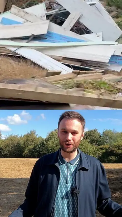 Top half of the photo is a pile of rubbish, the second half is a reporter speaking directly into the camera. 