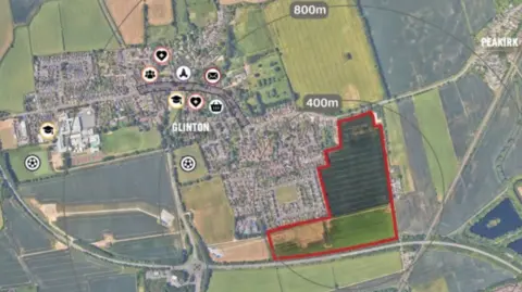 Gladman Developments Aerial view of Glinton village. A red outline shows where the proposed houses were going to be built.