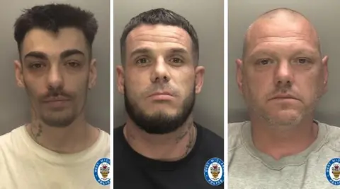 West Midlands Police Royston Hallard, Lee Fletcher and David Williams appear in police mugshots. Hallard and Williams are wearing light-coloured tops and Williams in a black top.