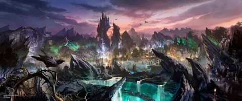 Disney An artists impression of a dark and sinister-looking area set to be built at Magic Kingdom in Florida. Scary-looking birds are seen observing the new land. There are dark colours and flashes of green and purple light. At the centre there is a large tower overlooking the area.