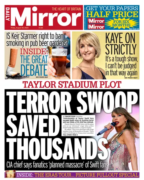 The main headline on the front page of the Daily Mirror reads: “Terror swoop saved thousand” 