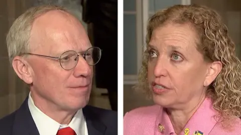 John Rose on the left side of the screen and Debbie Wasserman Schultz on the right.