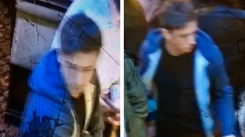 North Yorkshire Police The image is a side‑by‑side composite of two CCTV stills. Both frames show the same man wearing a blue jacket with lighter‑coloured inner panels and dark clothing underneath while moving through a crowded indoor environment. 