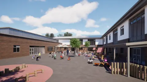 A school playground can be seen in this artist impression. There is an area with a pink floor and wooden walking blocks. Children are playing as buildings surround them with some trees in the playground.