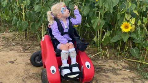 Contributed Bella sits in a powered wheelchair for children. She has blonde hair which has been tied into pigtails and she has some face paint. She is looking at the leaf of a flower in a field. Her wheelchair is red with an eye on each side.