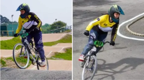 Peter Burge Allison Randlesome on a BMX bike and in her riding clothes, which are yellow, black and blue, and helmet