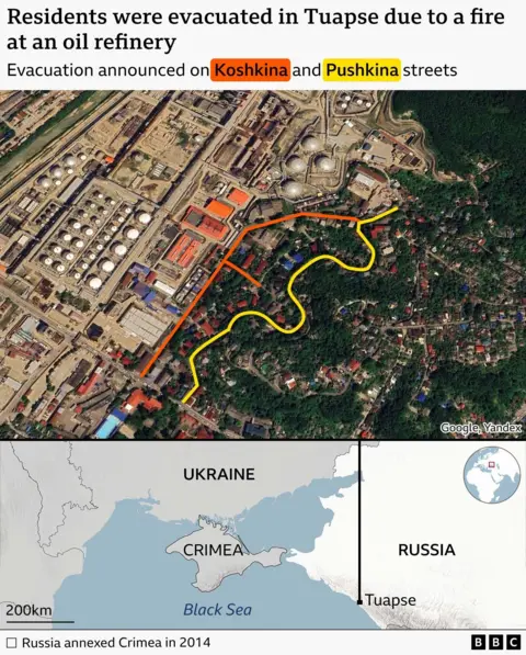 A map shows the location of the oil refinery fire in Tuapse, and the consequent evacuations. 