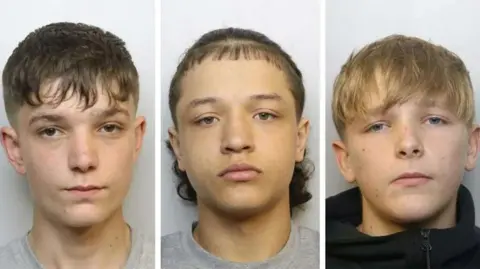 Avon and Somerset Police mug shots of Shane Cunningham, Cartel Bushnell and Leo Knight. Shane and Cartel have dark, short hair while Leo has blonde hair. All three are looking directly into the camera with blank expressions on their faces.