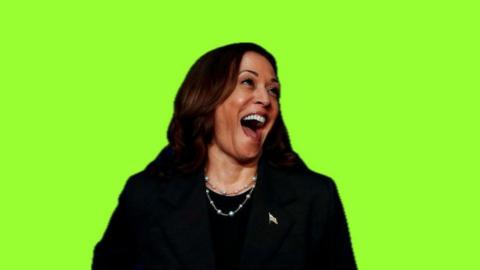 Kamala Harris laughing over a green backdrop
