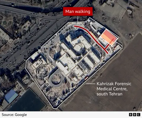 A map showing the Kahrizak Forensic Medical Centre in south Tehran. A red line depicts the path the man filming the video has taken in the grounds