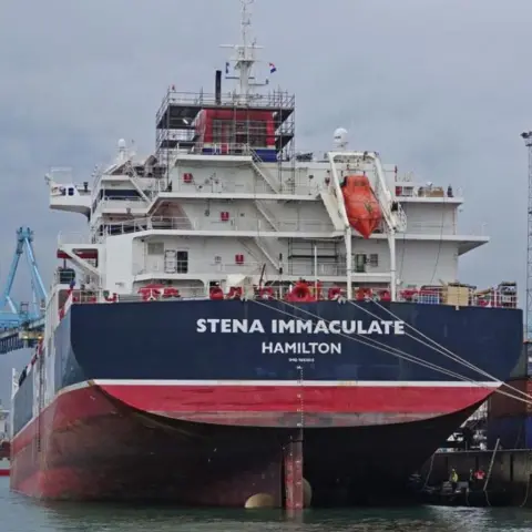 Kees Torn/Wikimedia Commons/PA Wire A docked navy and red ship showing the name Stena Immaculate on the stern.