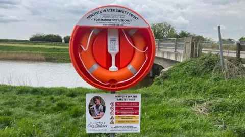 Claire Wadham Orange life ring with Norfolk Water Safety Trust written above it and a picture of Cory Chilvers. Against a red background the advice is "no unauthorised entry" and "no swimming"