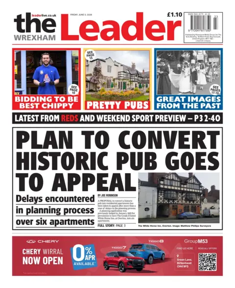 Wrexham leader Front page of the Wrexham leader with the splash headline of "Historic pub goes to appeal" and a picture of the outside of a tudor pub building - white with dark wood. Other headlines on the page include: "Bidding to be best chippy"; "Pretty pubs" and "Great images from the past".