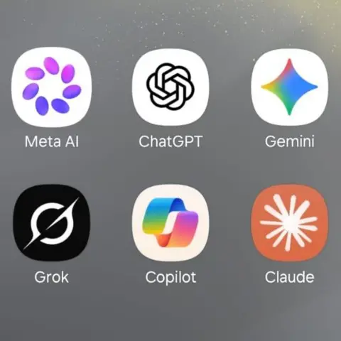 A screenshot of six apps on a plain grey screen: Meta AI, ChatGPT, Gemini, Grok, Copilot, Claude.