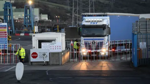 EPA Checks are carried out on trucks leaving and arriving with goods from and for the UK and Europe at Larne Port ferry terminal in Larne in County Antrim.