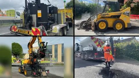 Gloucestershire County Council Four vehicles designed to repair potholes. One on a trailer, two yellow 'digger' style machines, and a truck with a pothole filling machine on the back