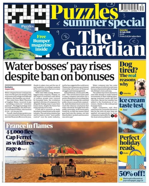 The headline on the front page of the Guardian reads: "Water bosses' pay rises despite ban on bonuses."