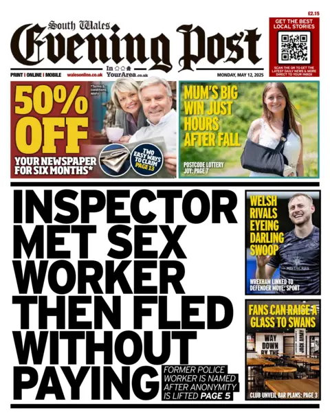 South Wales Evening Post Front page of the South Wales Evening Post newspaper with the splash headline "Inspector met sex worker then fled without paying". At the top is a 50% of newspaper subscription coupon and a box of a woman with one arm in a sling alongside the headline "Mum's big win just hours after fall". On the right there are two more boxes with the headlines "Welsh rivals Eyeing Darling swoop" and "Fans can raise a glass to Swans". 