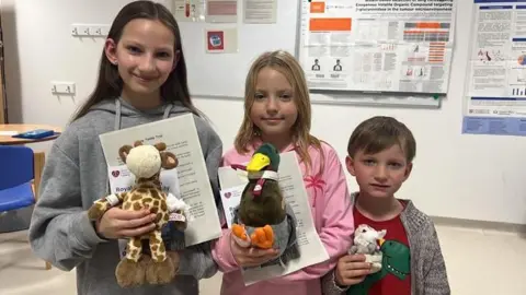 Richard Knights/BBC Three children stand in a row, from the oldest and tallest girl on the left to a younger boy on the right. The hold up certificates and their soft toys: a giraffe, a duck and a bunny rabbit. They are standing in a medical room with posters on the wall behind them.