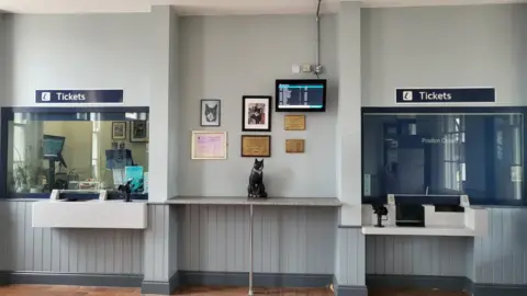 A life-size statue of a black and white cat sitting on a metal plinth. The statue is on a table set against a wall in the booking hall of a train station, between two ticket windows