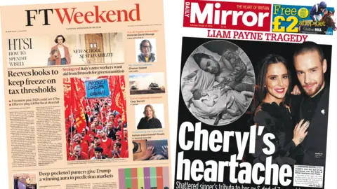 BBC The front pages of The Financial Times and The Daily Mirror, which focus on Rachel Reeves' budget plans and the aftermath of Liam Payne's death.