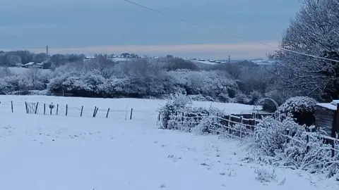 Recycled Teenager/BBC Weather Watchers A snow-covered field, bordered by a fence, with houses in the distance