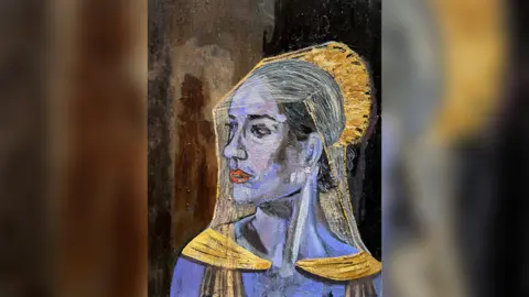 A piece of artwork of Meghan Markle looking to the left and wearing a yellow headdress. 