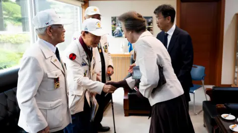 PA Media Princess Anne shaking hands with an elderly Korean war veteran. She has dark grey hair that's tied up and is wearing a white jacket, a brown dress and brown gloves. 