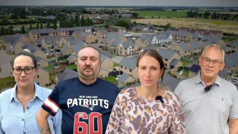 BBC A composite featuring cut-out images of Rebecca Fay, Stephen McIntyre, Kelly Heather and Jon Trevenna in a row, and an aerial shot of Bassingbourn Fields housing estate in the background. The four residents are looking seriously into the camera. The homes are all similar in style, mostly with yellow brickwork and grey roofs.