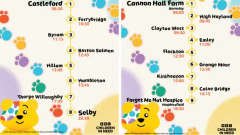 BBC Children in Need Two side-by-side pictures of an itinerary, indicating a list of towns with times underneath them. BBC Children In Need branding is at the bottom of each.