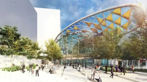 LCR Artit's impressionof how Liverpool Central station entrance could look with a huge glass roof - with gold-coloured triangles - looming over. Trees line the walk to the station, which shows people milling around.