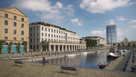 CGI image of housing development with canal and moored boats