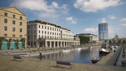 Fawley Waterside CGI image of housing development with canal and moored boats